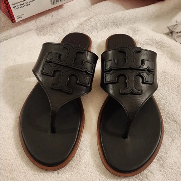 NIB Tory Burch Weston Full Logo Thong - Perfect Black - 6.5 - Picture 2 of 6